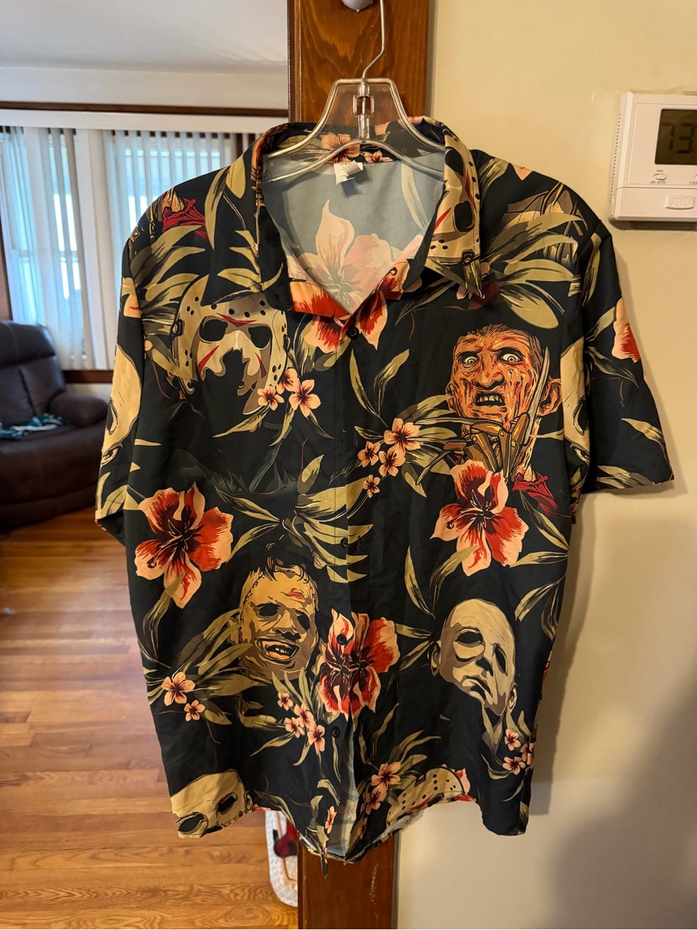 Black Floral Horror Print Short-Sleeve Shirt with Orange Accents